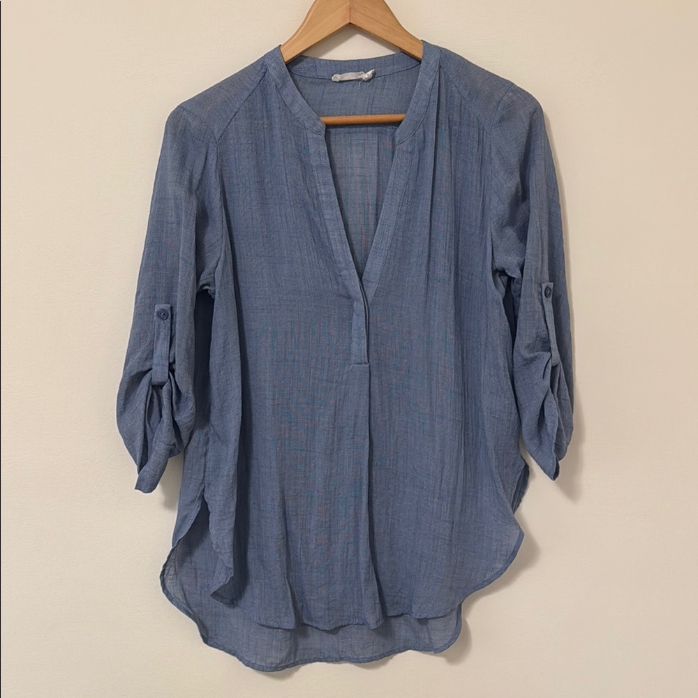 Lush Light Blue V-Neck Roll-Tab Sleeve Tunic
